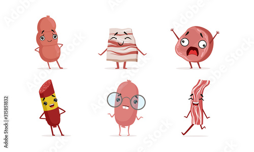 Cute Humanized Sausages with Various Emotions Collection, Funny Fast Food Characters with Funny Faces, Arms and Legs Vector Illustration