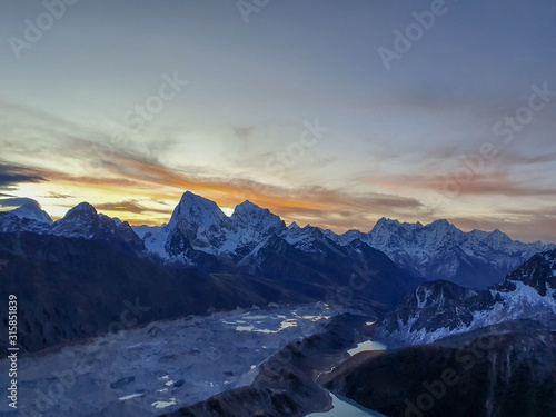 Gokyo Ri - November 2019  Everest  Nuptse  Cholatse  etc. Picturesque mountain view from Gokyo Ri at sunrise. Trekking in Solokhumbu  Nepal  Himalayas.