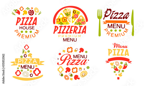 Pizza Menu Labels Collection  Fast Food Restaurant  Cafe  House Bright Badges Vector Illustration