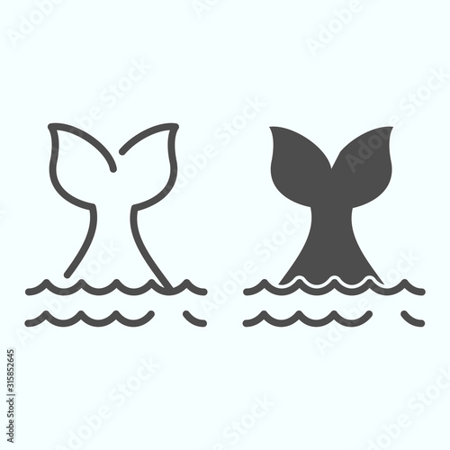Fishtail line and solid icon. Whale tale in ocean waves illustration isolated on white. Tail of large whale or shark diving into ocean outline style design, designed for web and app. Eps 10.