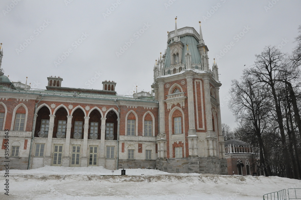 Sights of Moscow. Grand Tsaritsyno Palace in winter. Tsaritsyno - Palace Museum and Reserve Park in Moscow Russia