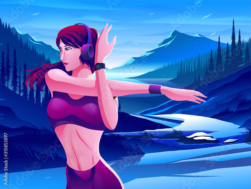 The woman is stretching her body before running in the morning, with mountain scenery.