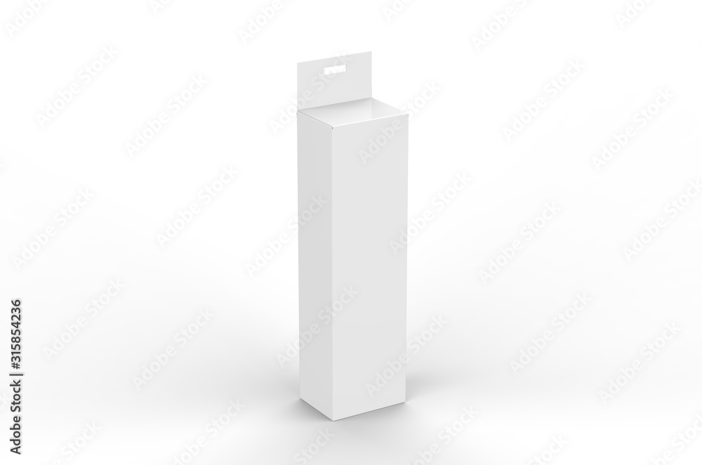 White blank paper box packaging with hang tab, mockup template on isolated white background, 3d illustration White blank paper box packaging with hang tab, mockup template on isolated white background, 3d illustration