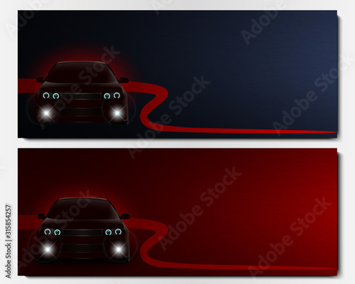 Set of vector banners with frontal view car. 