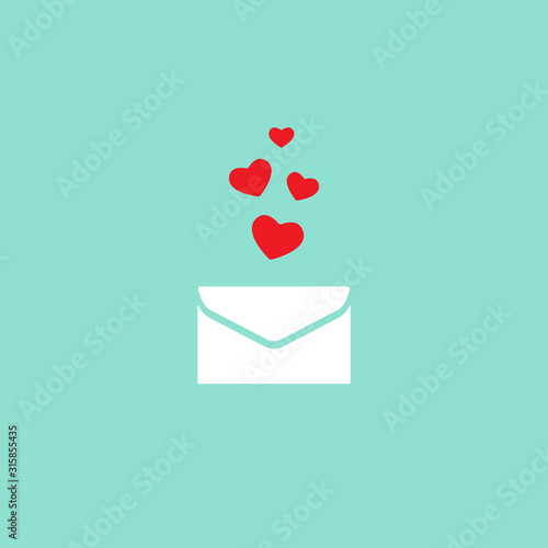 Saint Valentine love letter with red hearts icon. White envelope with on powder blue background.