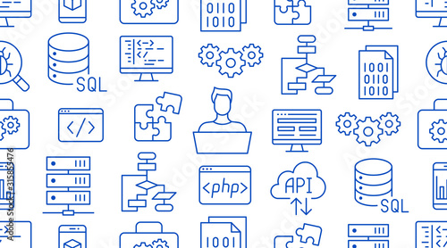 Software development seamless pattern with flat line icons. Programming language background, application, api, computer program develop vector illustration. Outline wallpaper for website design