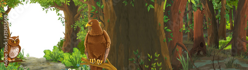 Fototapeta Naklejka Na Ścianę i Meble -  funny cartoon scene with eagle bird in the forest with hidden entrance illustration for children