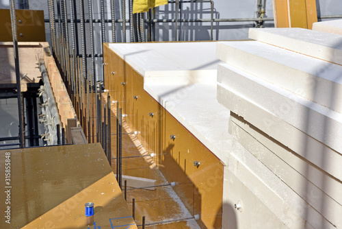 Formwork construction: Formwork with heat insulation (rigid urethane foam) before casting concrete photo