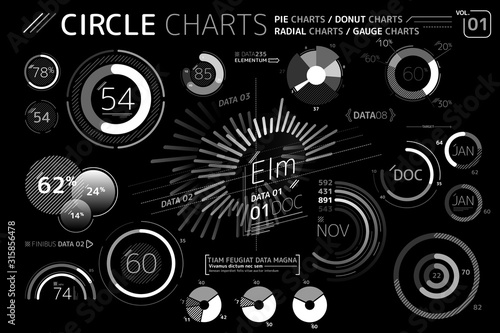 Circle Charts, Pie Charts, Donut Charts, Radial charts and Gauge Charts Infographic Elements