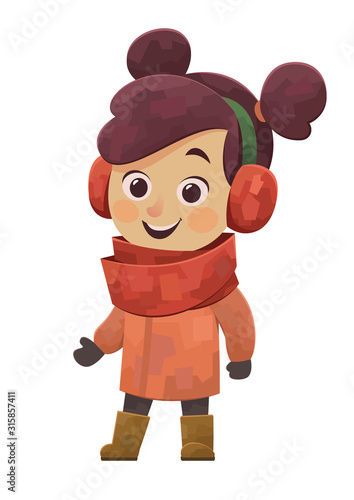 Cute little girl in winter clothes in cartoon style