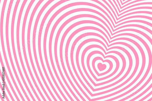 Striped heart shaped pattern. Fashionable ornament with the effect of illusion. Repeating pink and white lines. Minimal flat minimalism.