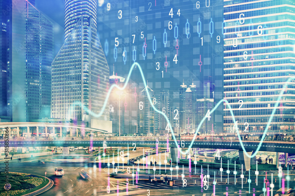 Obraz premium Financial chart on city scape with tall buildings background multi exposure. Analysis concept.