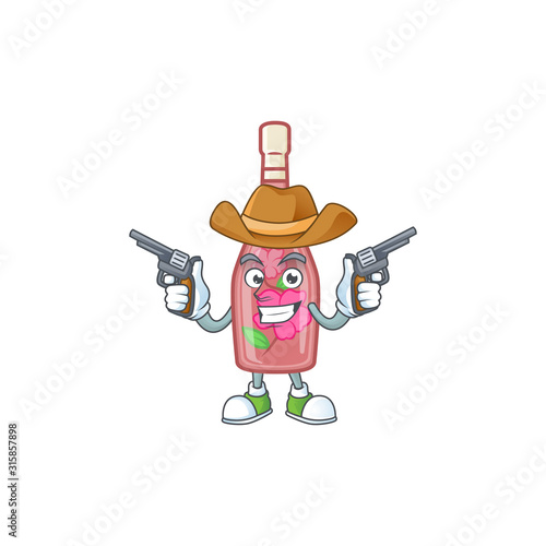 Confident pink bottle wine Cowboy cartoon character holding guns