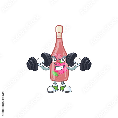 Fitness exercise pink bottle wine mascot icon with barbells