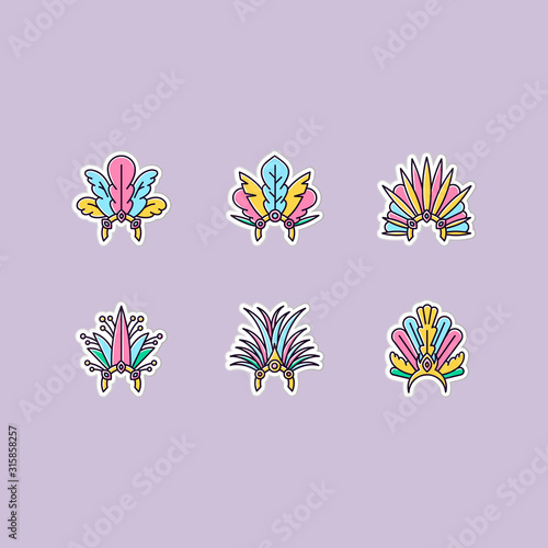 Brazilian carnival hat printable patches. Crown with plumage. RGB color stickers, pins and badges set. Traditional headwear. National holiday. Masquerade parade. Vector isolated illustrations