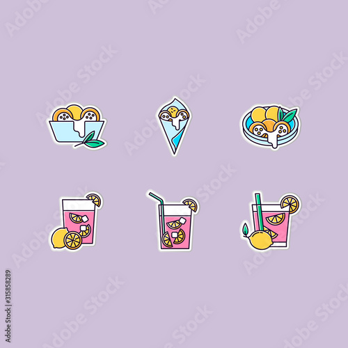 Brazilian cuisine printable patches. Arancini. RGB color stickers, pins and badges set. Сheese bread. Alcoholic beverage with lime. Traditional food and cocktail. Vector isolated illustrations