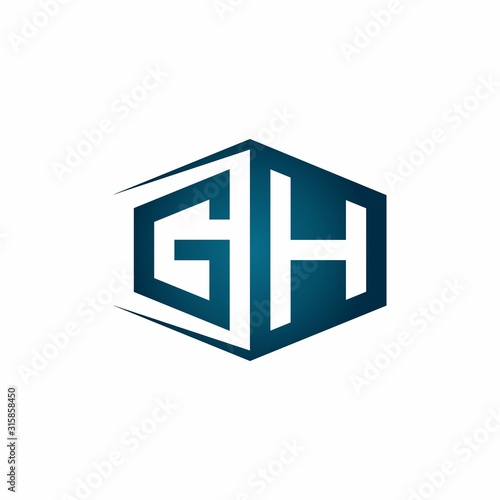 GH monogram logo with hexagon shape and negative space style ribbon design template