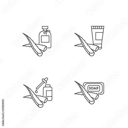Aloe vera pixel perfect linear icons set. Oil and serum. Natural cosmetic products and dermatology. Customizable thin line contour symbols. Isolated vector outline illustrations. Editable stroke