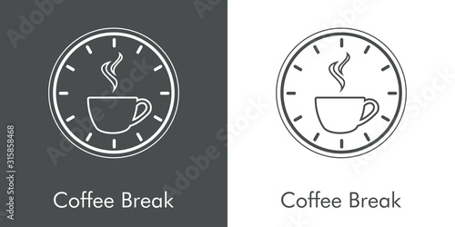 Logotipo Coffee Break. Icono plano lineal taza de café con humo con reloj en fondo gris y fondo blanco