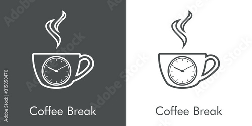 Logotipo Coffee Break. Icono plano lineal taza de café con humo con reloj en fondo gris y fondo blanco