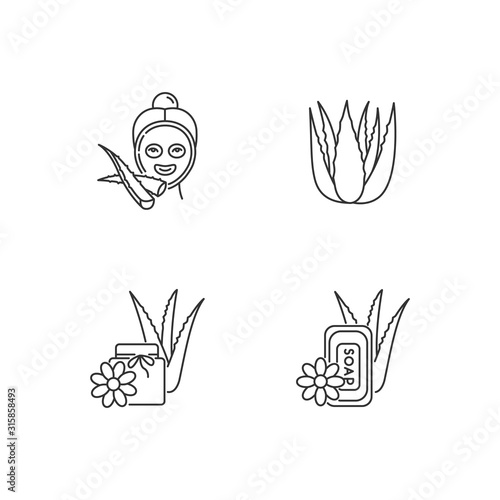 Aloe vera pixel perfect linear icons set. Female facial mask. Spa treatment. Medicinal plant sprouts. Customizable thin line contour symbols. Isolated vector outline illustrations. Editable stroke