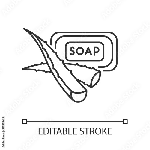 Plant based soap pixel perfect linear icon. Organic toiletries. Aloe vera cosmetic. Thin line customizable illustration. Contour symbol. Vector isolated outline drawing. Editable stroke