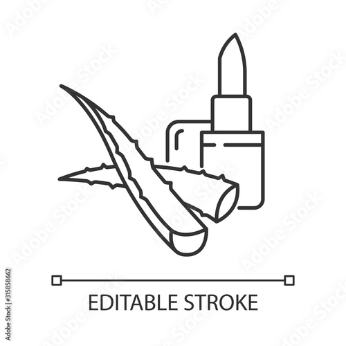 Vegan lip balm pixel perfect linear icon. Organic lipcare with aloe vera. Cosmetic product. Thin line customizable illustration. Contour symbol. Vector isolated outline drawing. Editable stroke