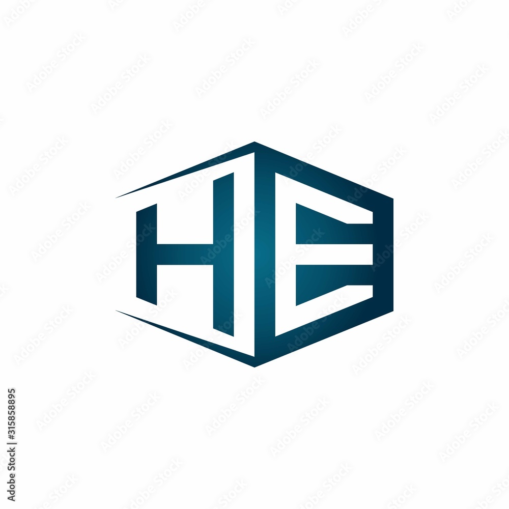 HE monogram logo with hexagon shape and negative space style ribbon design template HE monogram logo with hexagon shape and negative space style ribbon design template