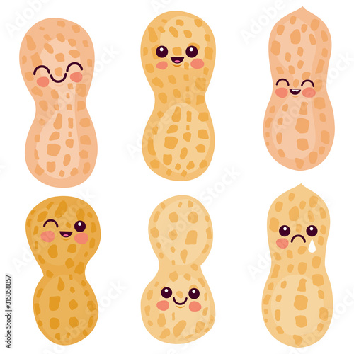 Cute peanut characters. Vector illustration set.