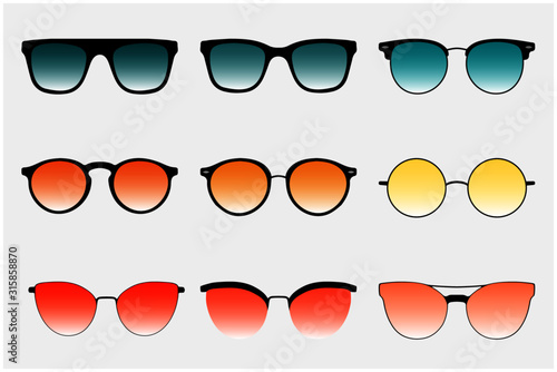 Sunglasses set. Trendy sunglasses colors. Summer eyeglasses. Fashion collection. Summer vacation item. Sunglasses for tropical trip. Glasses with gradient colored glass. Vector illustration.