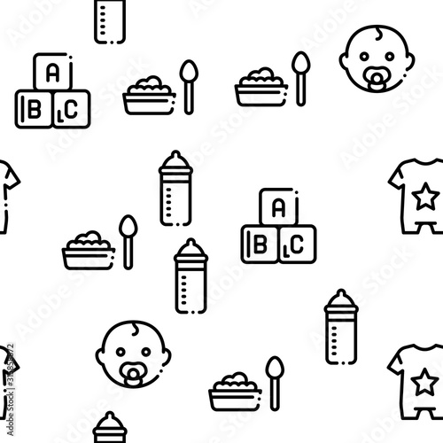 Baby Clothes And Tools Seamless Pattern Vector Thin Line. Illustrations