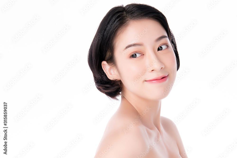 Portrait beautiful young asian woman clean fresh bare skin concept. Asian girl beauty face skincare and health wellness, Facial treatment, Perfect skin, Natural make up, on white background Portrait beautiful young asian woman clean fresh bare skin concept. Asian girl beauty face skincare and health wellness, Facial treatment, Perfect skin, Natural make up, on white background