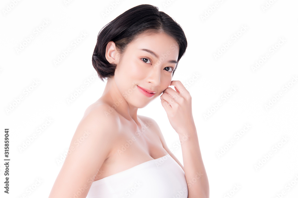 Portrait beautiful young asian woman clean fresh bare skin concept. Asian girl beauty face skincare and health wellness, Facial treatment, Perfect skin, Natural make up, on white background Portrait beautiful young asian woman clean fresh bare skin concept. Asian girl beauty face skincare and health wellness, Facial treatment, Perfect skin, Natural make up, on white background
