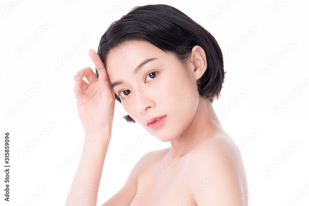 Portrait beautiful young asian woman clean fresh bare skin concept. Asian girl beauty face skincare and health wellness, Facial treatment, Perfect skin, Natural make up, on white background Portrait beautiful young asian woman clean fresh bare skin concept. Asian girl beauty face skincare and health wellness, Facial treatment, Perfect skin, Natural make up, on white background