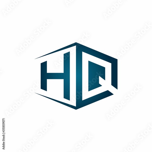 HQ monogram logo with hexagon shape and negative space style ribbon design template