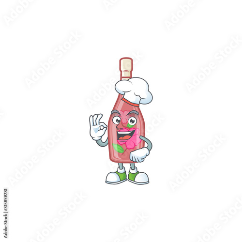 Pink bottle wine cartoon character wearing costume of chef and white hat