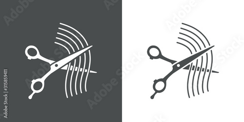 Corte de pelo. Icono plano tijeras con cabello en fondo gris y fondo blanco