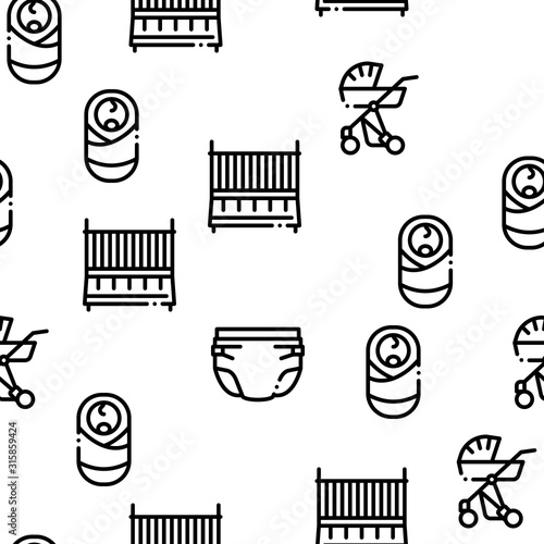 Baby Clothes And Tools Seamless Pattern Vector Thin Line. Illustrations