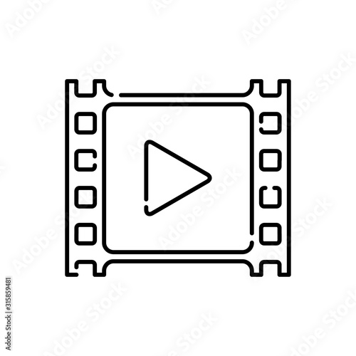 Icono plano lineal tira de película con triángulo de play en color negro