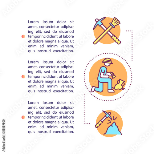 Archeology excavation concept icon with text. Historical research. Field survey, tools, methods. Article page vector template. Brochure, magazine, booklet design element with linear illustrations