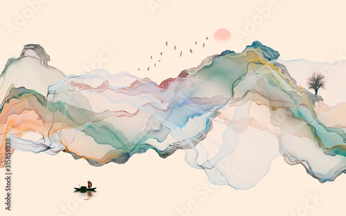 Hand-painted lines, abstract ink landscape decorations, art poster background