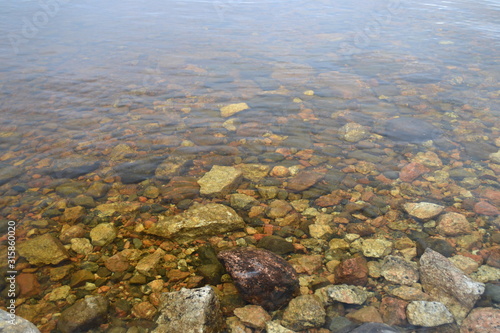 Stones under clear water, clean lake in Finland