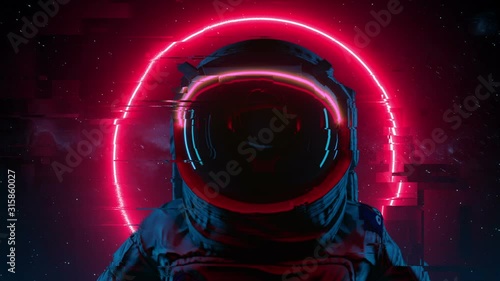 Digital Pixel Noise Glitch Art Effect On The Astronaut In Space With Neon Lights. Retro Futuristic Dynamic Wave Style. Picture Damaged With Tv Noise. Seamless loop