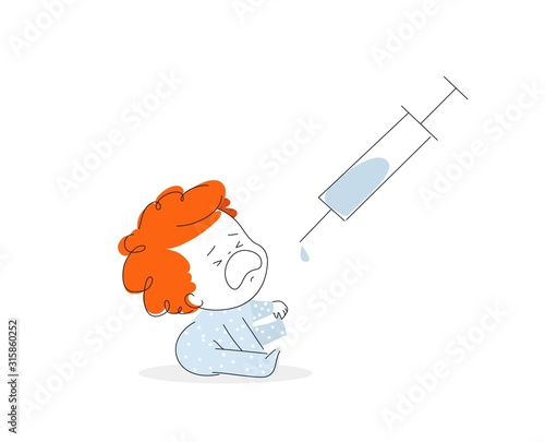 Vector Cartoon Illustration of Syringe and Crying Little Baby Boy.