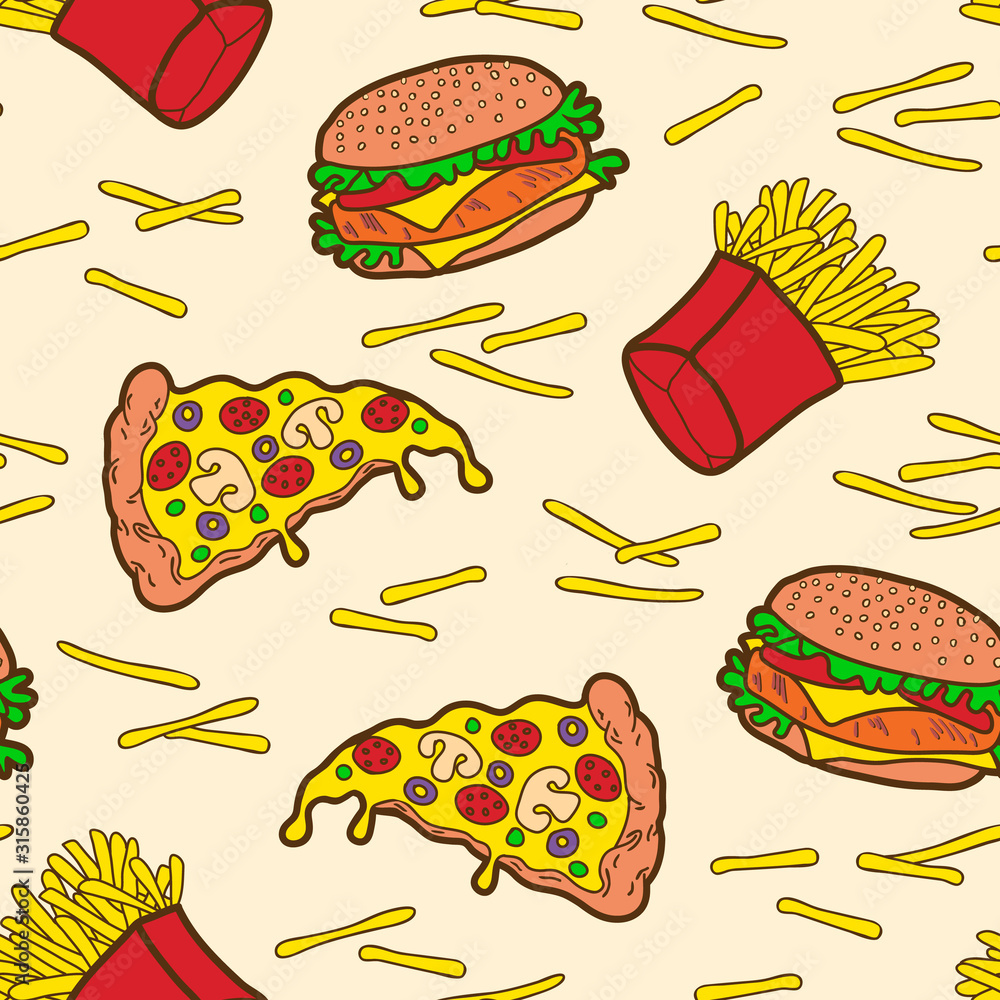 Fototapeta Pizza slices, burgers, french fries seamless pattern. Vector wallpaper. Fast food background.
