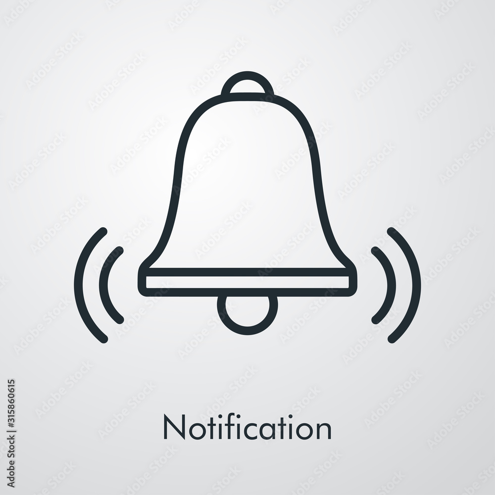 Campana de notificación con ondas. Icono plano lineal en fondo gris Campana de notificación con ondas. Icono plano lineal en fondo gris