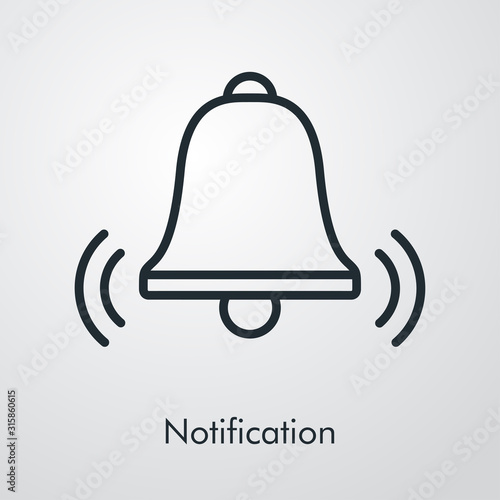 Campana de notificación con ondas. Icono plano lineal en fondo gris