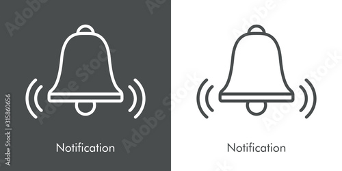 Campana de notificación con ondas. Icono plano lineal en fondo gris y fondo blanco