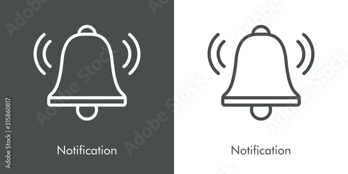Campana de notificación con ondas. Icono plano lineal en fondo gris y fondo blanco photo