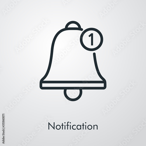 Campana de notificación con número 1 en círculo. Icono plano lineal en fondo gris